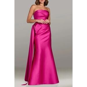 Gia Franco Strapless Satin Bow Maxi Dress Gown Fuscia Hot Pink 12